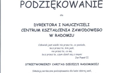 Dyplom – podziękowanie dla Dyrektora i Nauczycieli CKZ od Caritas Diecezji Radomskiej