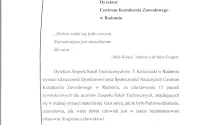 Dyplom – podziękowanie dla Dyrektora i Nauczycieli CKZ od Zespołu Szkół Technicznych w Radomiu