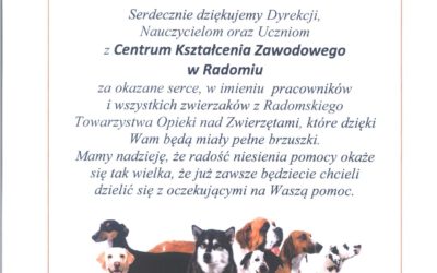 PODZIĘKOWANIE DLA CKZ w Radomiu od Radomskiego Towarzystwa Opieki nad Zwierzętami