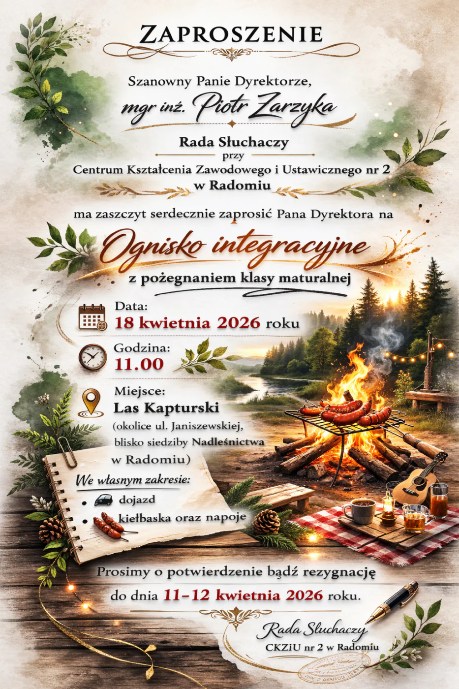 Zaproszenie na ognisko integracyjne CKZiU nr 2 w Radomiu z pożegnaniem klasy maturalnej, data 18 kwietnia 2026, Las Kapturski
