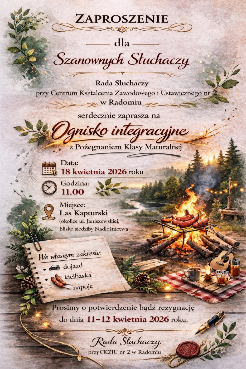 Plakat zapraszający słuchaczy CKZiU nr 2 w Radomiu na ognisko integracyjne w Lesie Kapturskim z okazji zakończenia szkoły