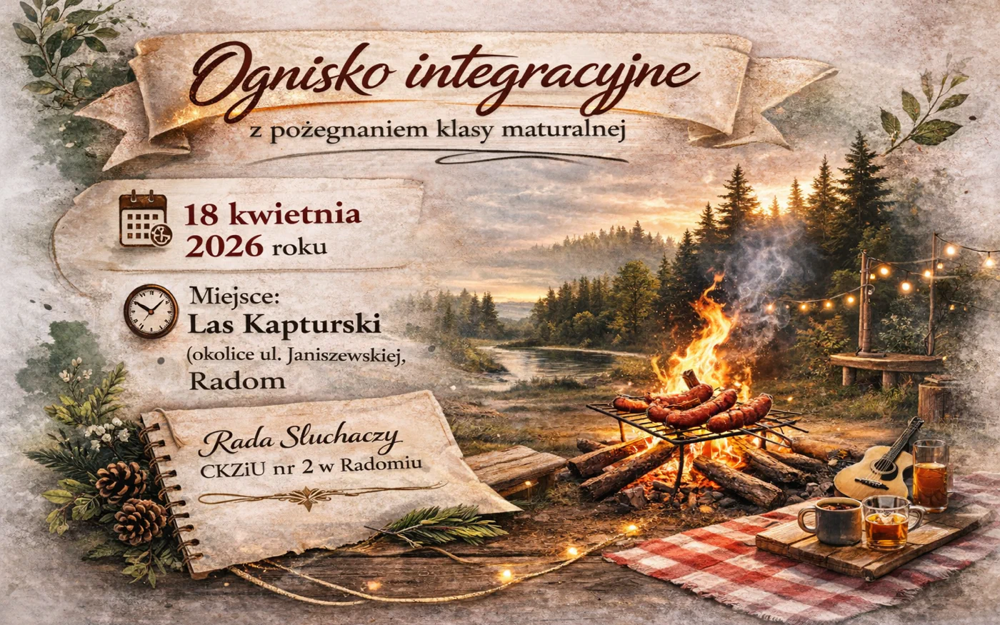 Ognisko integracyjne CKZiU nr 2 w Radomiu – pożegnanie klasy maturalnej 2026 Las Kapturski Grafika promująca ognisko integracyjne CKZiU nr 2 w Radomiu z pożegnaniem maturzystów, 18 kwietnia 2026 w Lesie Kapturskim