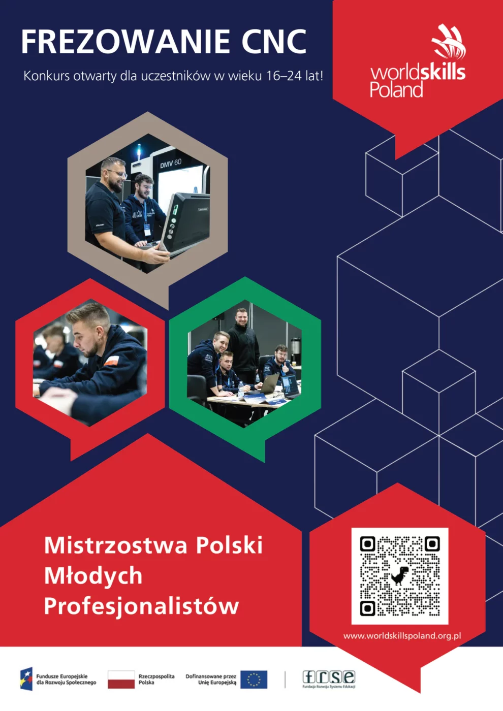 Plakat konkursu SkillsPoland Frezowanie CNC dla młodych profesjonalistów w wieku 16–24 lata organizowanego w Radomiu