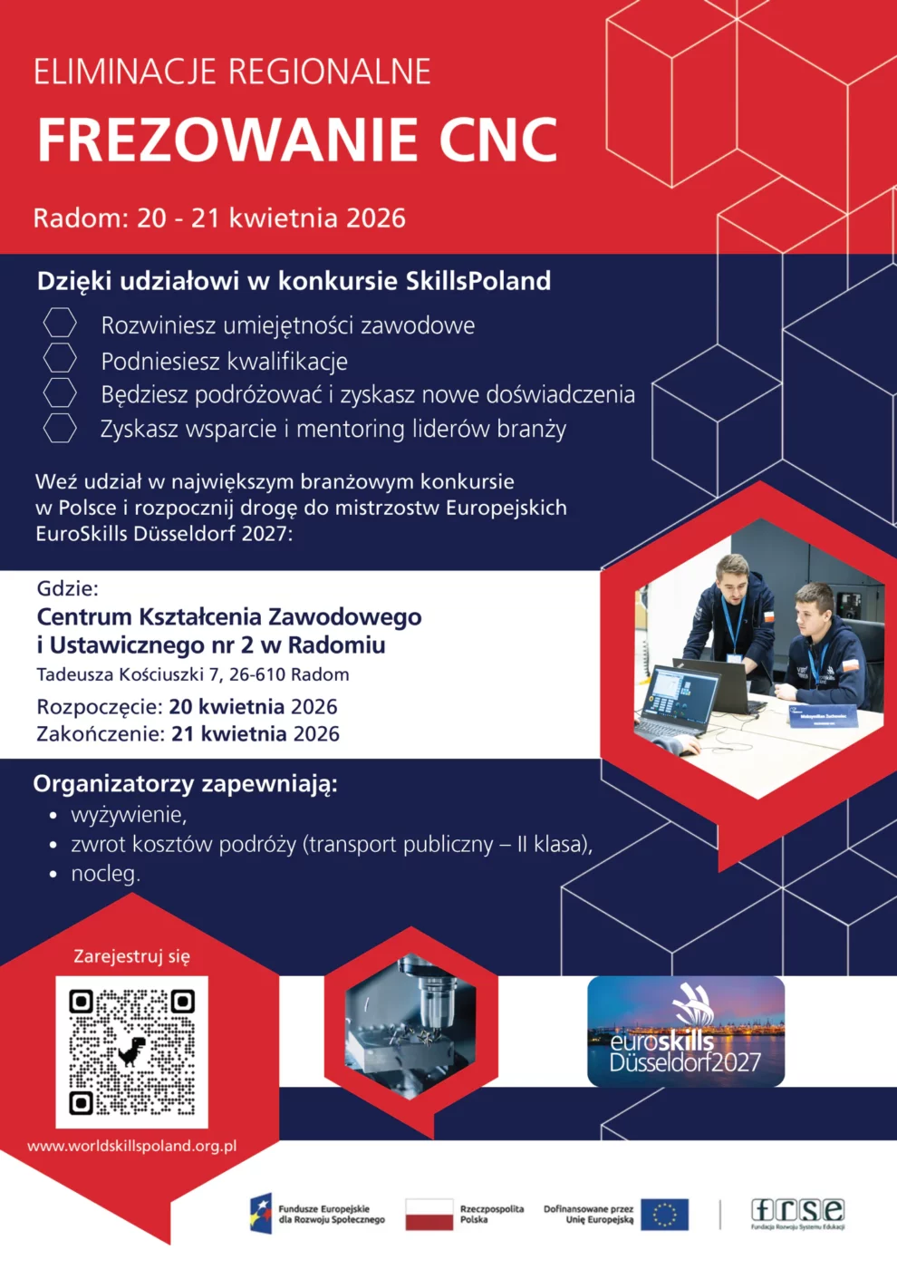 Plakat eliminacji regionalnych Frezowanie CNC SkillsPoland 2026 w Radomiu w Centrum Kształcenia Zawodowego i Ustawicznego nr 2 w Radomiu