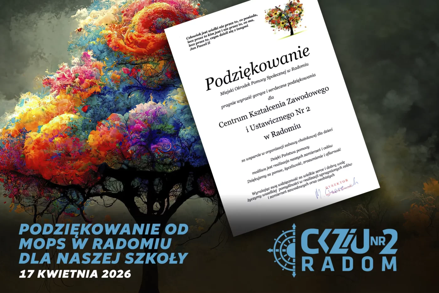 Grafika informująca o podziękowaniu od Miejskiego Ośrodka Pomocy Społecznej w Radomiu dla CKZiU Nr 2 w Radomiu za wsparcie organizacji zabawy choinkowej dla dzieci
