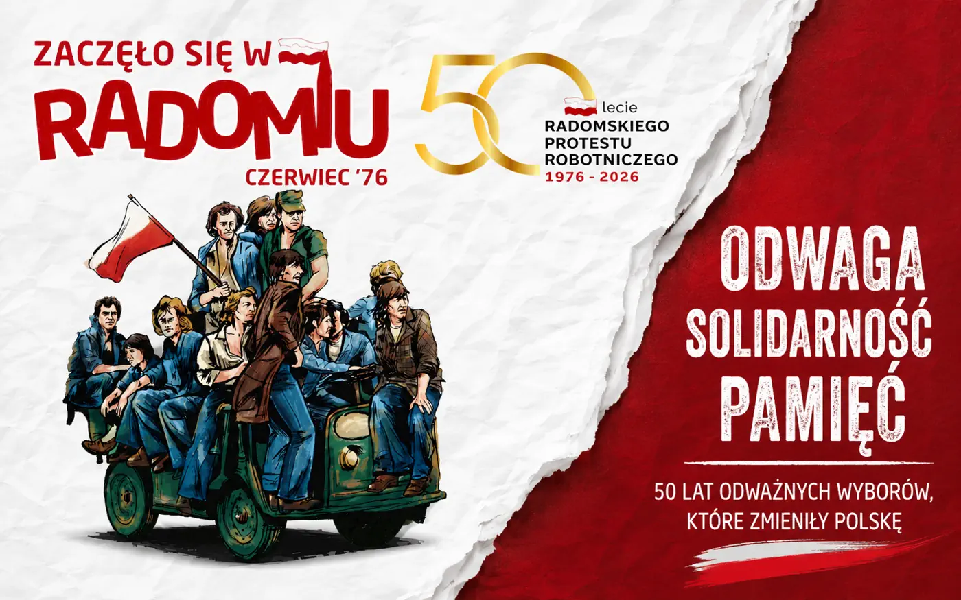 Grafika wyróżniająca artykuł o 50. rocznicy Radomskiego Czerwca ’76 z hasłem „Zaczęło się w Radomiu” oraz motywem odwagi, solidarności i pamięci.