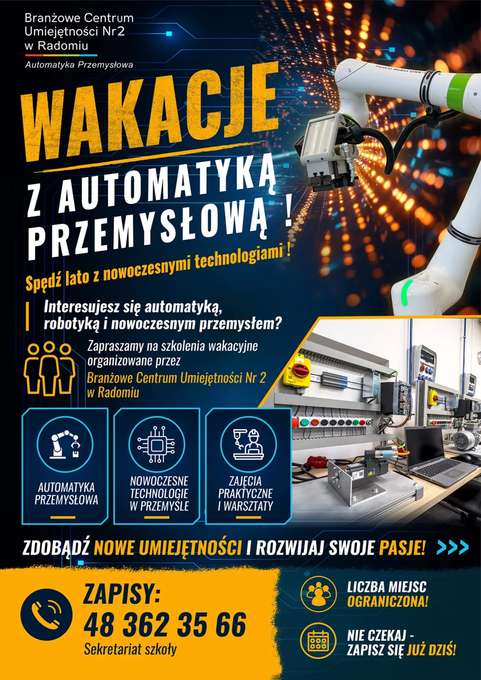 Plakat informujący o wakacyjnych szkoleniach z automatyki przemysłowej, nowoczesnych technologii i zajęć praktycznych organizowanych przez Branżowe Centrum Umiejętności Nr 2 w Radomiu.